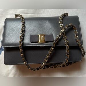 Salvatore Ferragamo Gray Crossbody Bag with Gold Chain